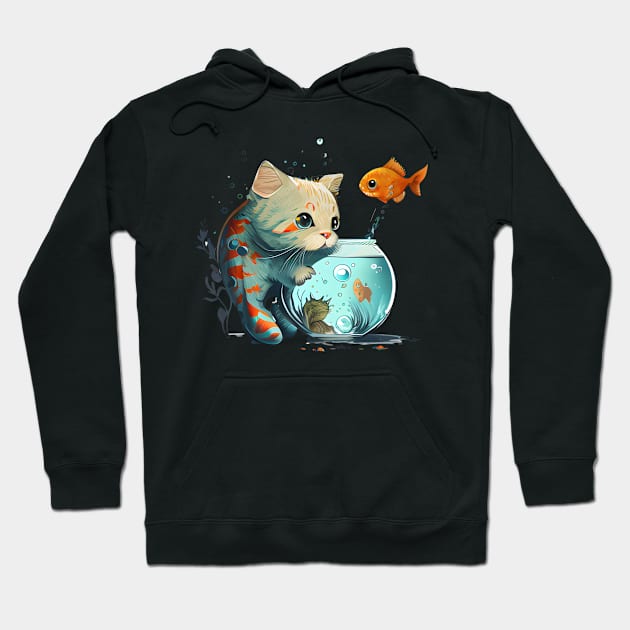 Purr-fect Catch: Cute Cat Fishing Artwork Hoodie by Raja2021